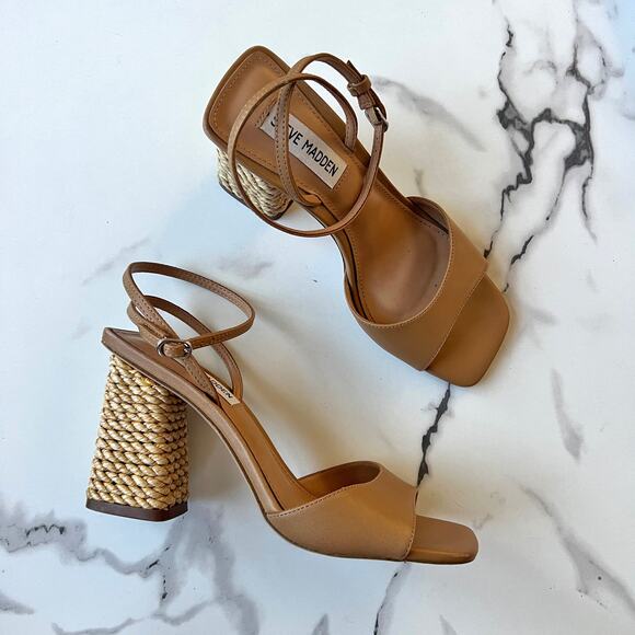 Steve Madden Rozlyn Tan Leather Block Rope Heel Sandals Size 7 - Picture 1 of 9